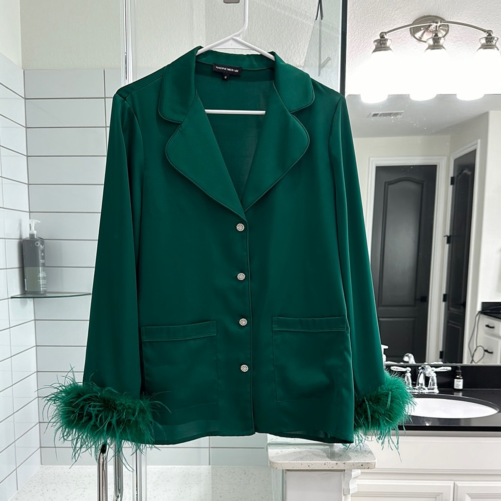 NADINE MERABI Emerald Green Feather Trim Satin Pajama Top